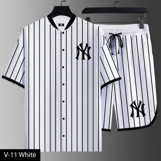 NY Pinstripe Summer  Tracksuit Set – Shirt & Shorts (V-11)